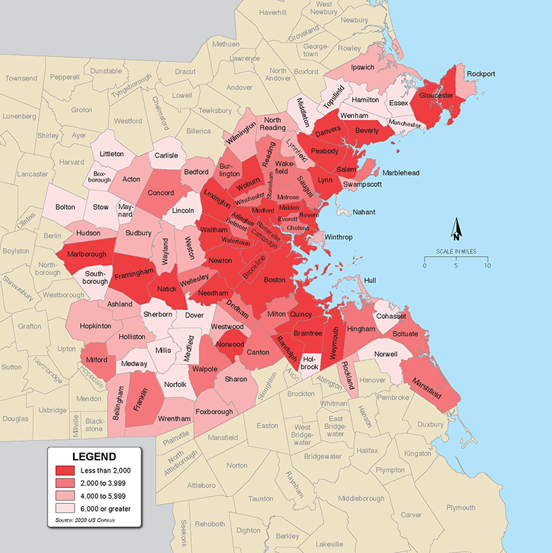 Figure 3-1 is a map that shows the population in the Boston region that is aged 65 or
older, by municipality.